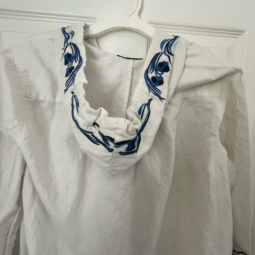 For Cynthia White & Blue Embroidered Hooded Tunic Boho Coastal Size L - Picture 3 of 5